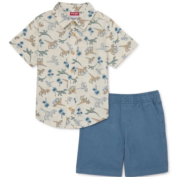 Wrangler Other - Wrangler Toddler Boy Dinosaur Print Button Down Shirt and Blue Shorts Set 3T